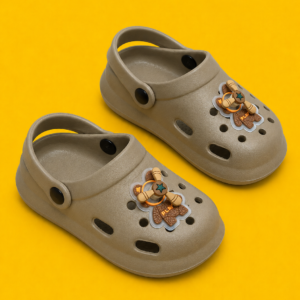 Neyo Kids Khaki Lightweight EVA Clogs with Cute Bear Charms